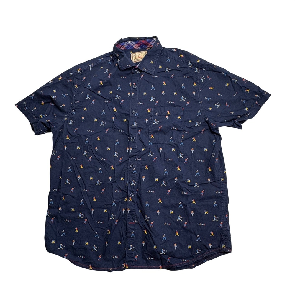Italia 1958 Button Down Shirt Mens L Blue Baseball Player Print Short Sleeve EUC